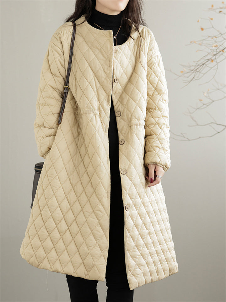 Loose Diamond Quilted Mid Length Long Sleeve Coat for Women