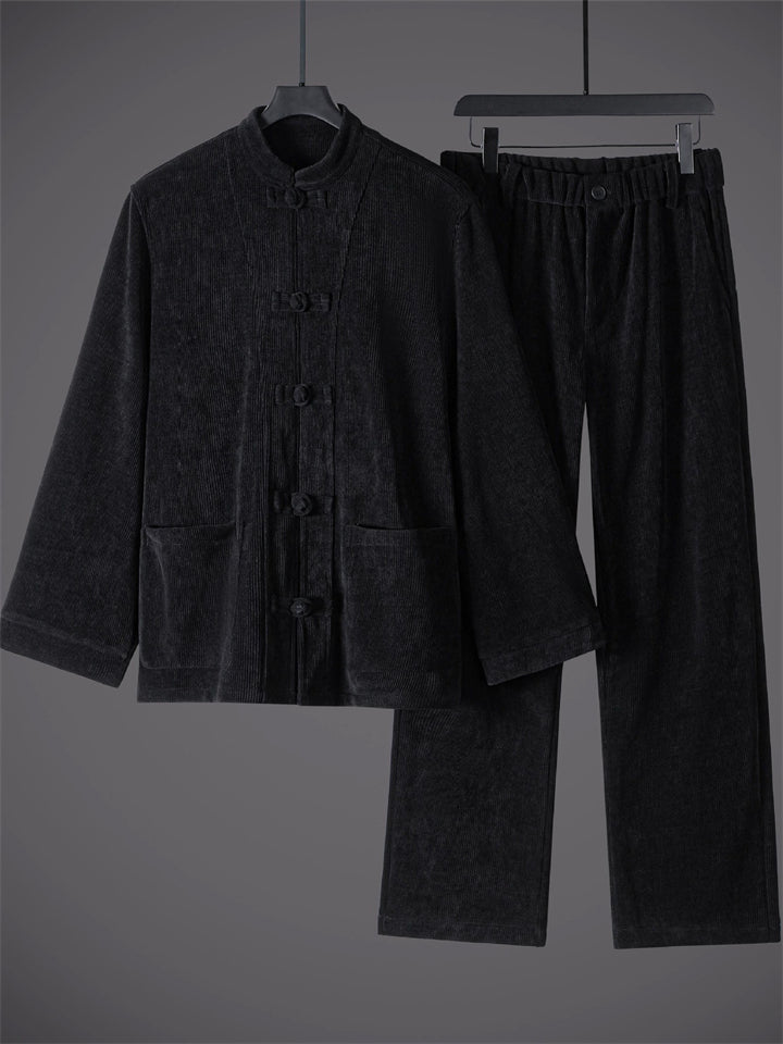 Men's 2Pcs Autumn Cotton Blend Corduroy Frog Button TangSuit Outfit