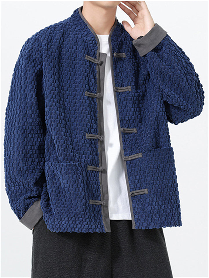 Men's Winter Plush Contrast Color Button Up Long Sleeve TangSuit Jackets