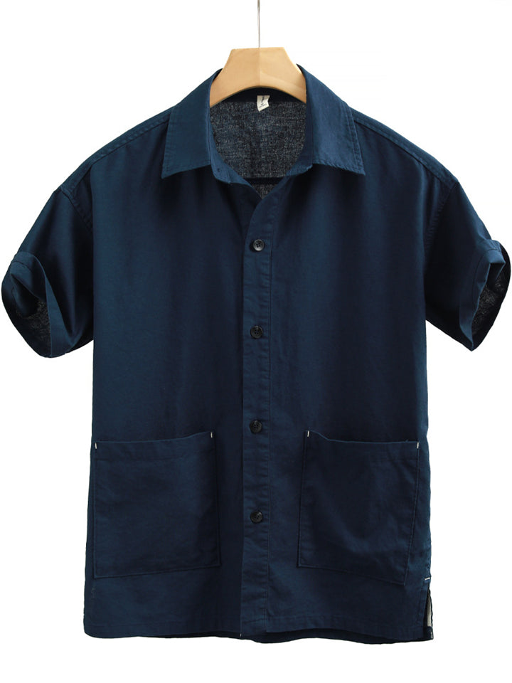 Men's Summer Casual Ramie Cotton Solid Color Lapel Shirts