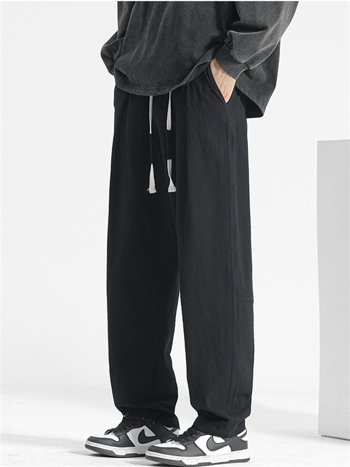 Men's Summer Cotton Elastic Waist Wide Leg Straight Pants