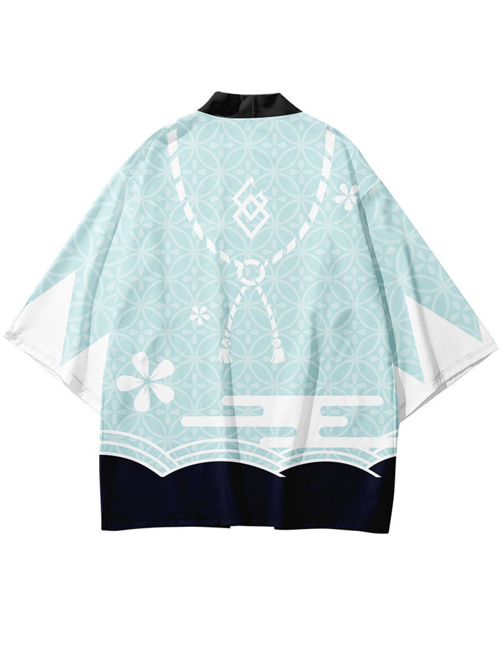 Japanese Sakura Print Summer Outfits Men's Cardigan Shirt + Casual Shorts