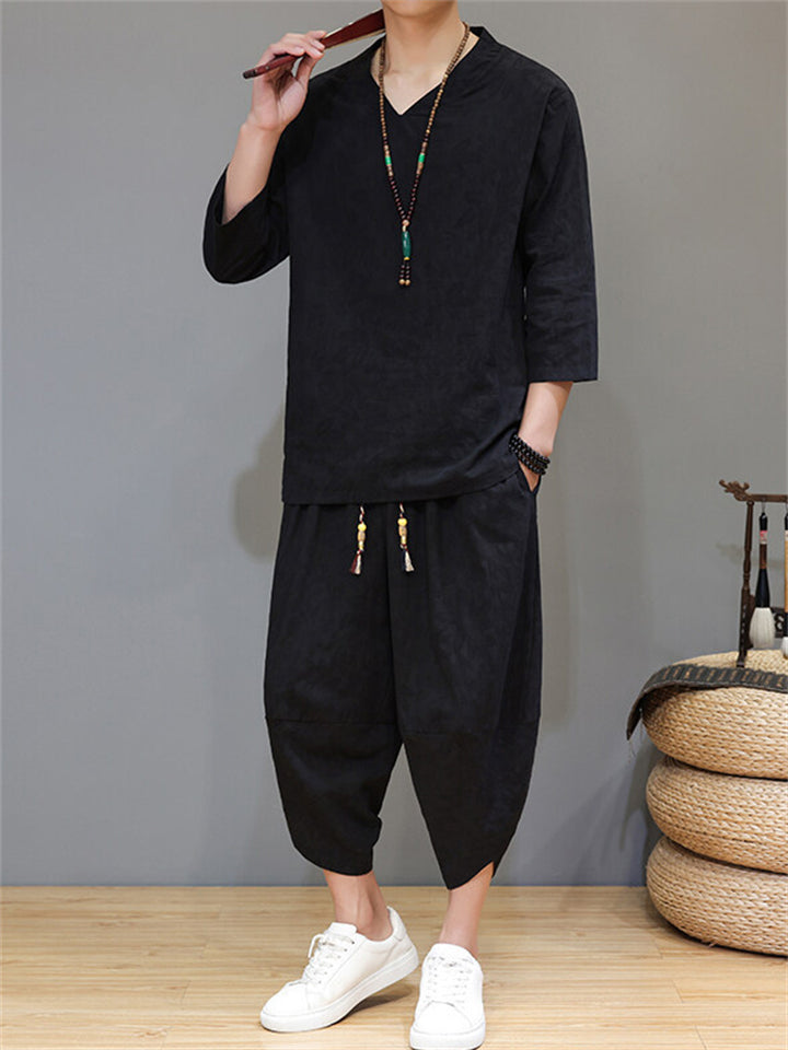 Men's 2Pcs Retro Chinese Style Casual Solid Color 3/4 Sleeve V Neck Outfits