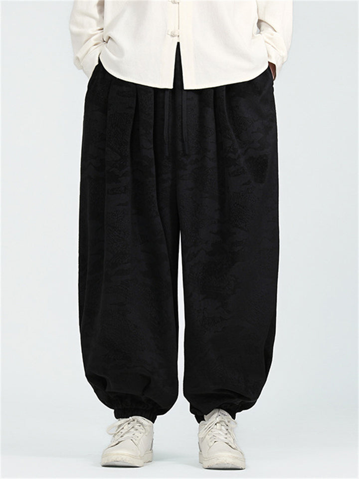Male's Chinese Style Retro Solid Color Jacquard Wide Leg Bloomers Pants