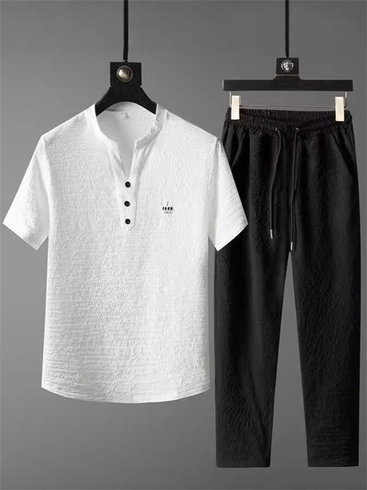Men's 2Pcs Crown Embroidered V Neck Short Sleeve Solid Color Outfits