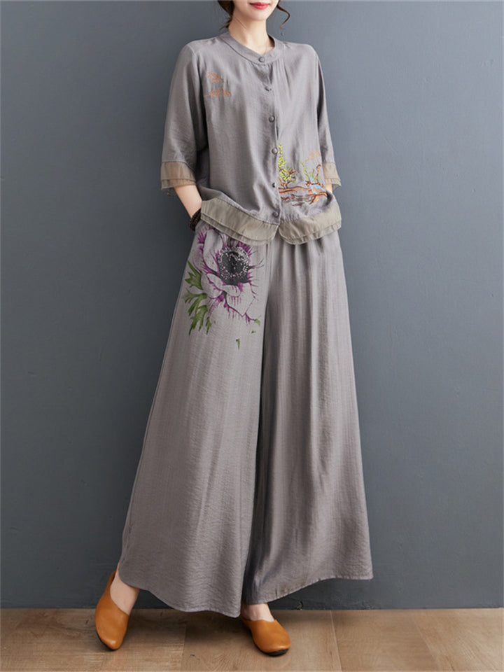 Floral Embroidered Shirt + Wide Leg Pants Female Two Piece Set