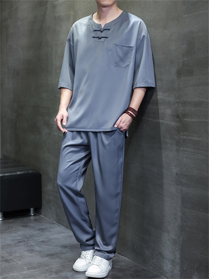 Men's 2Pcs Cool Casual Quarter Button Round Neck TangSuit Outfits