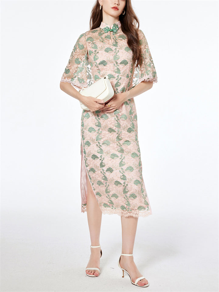 Female Retro Knot Button Stand Collar Hollow Out Lace Qipao