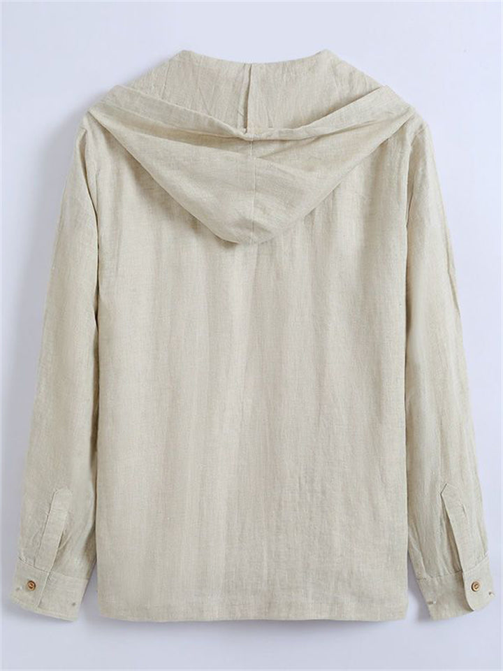 Men's Solid Color Linen Loose Long Sleeve Hooded Shirts