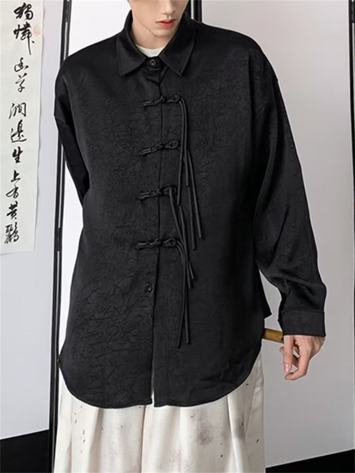 Men's Retro Tassel Button Black Lapel Long Sleeve Shirt