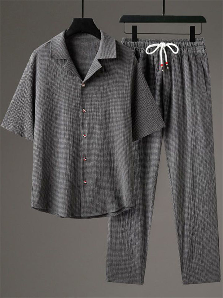 Men's 2Pcs Summer Casual Comfy Button Up Lapel Solid Color Outfits