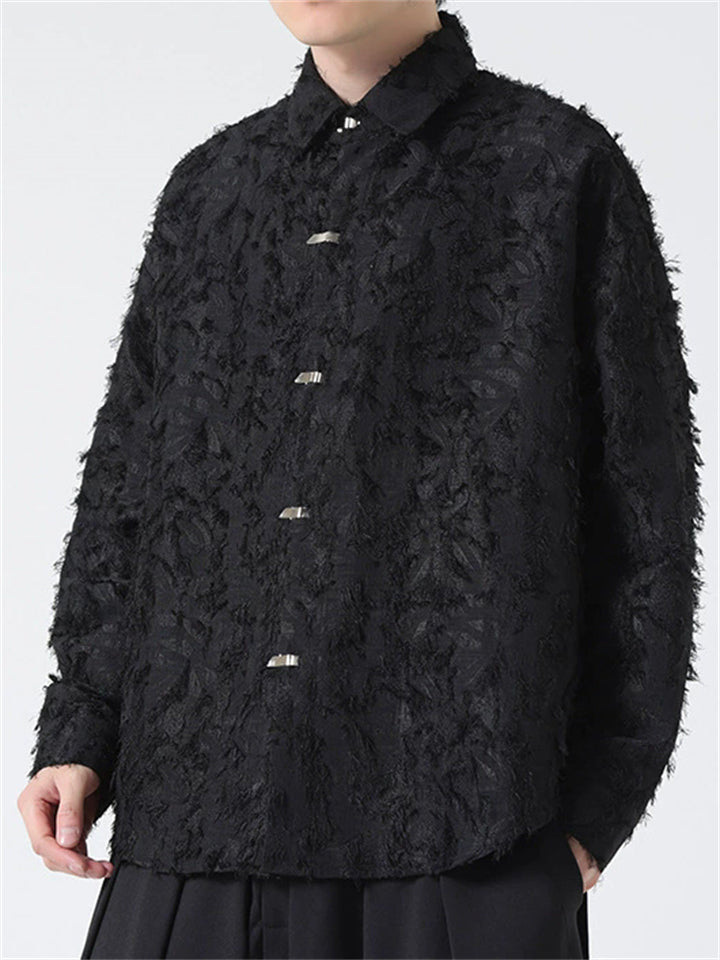 Man's Oriental Style Long Sleeves  All Black Button Printed Shirt
