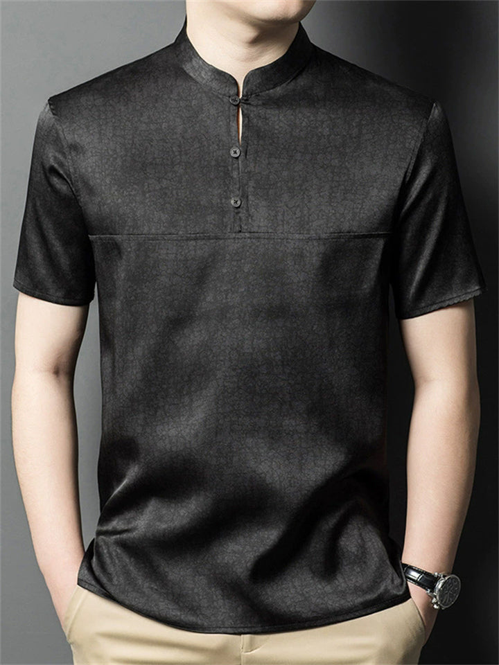Men's Stand Collar Button Short Sleeve Mulberry Silk Shirt