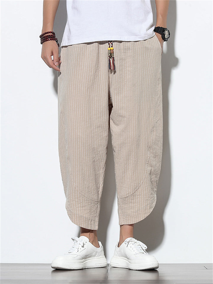 Men's Stylish Cozy Casual Plain & Striped Cotton Linen Cropped Pants