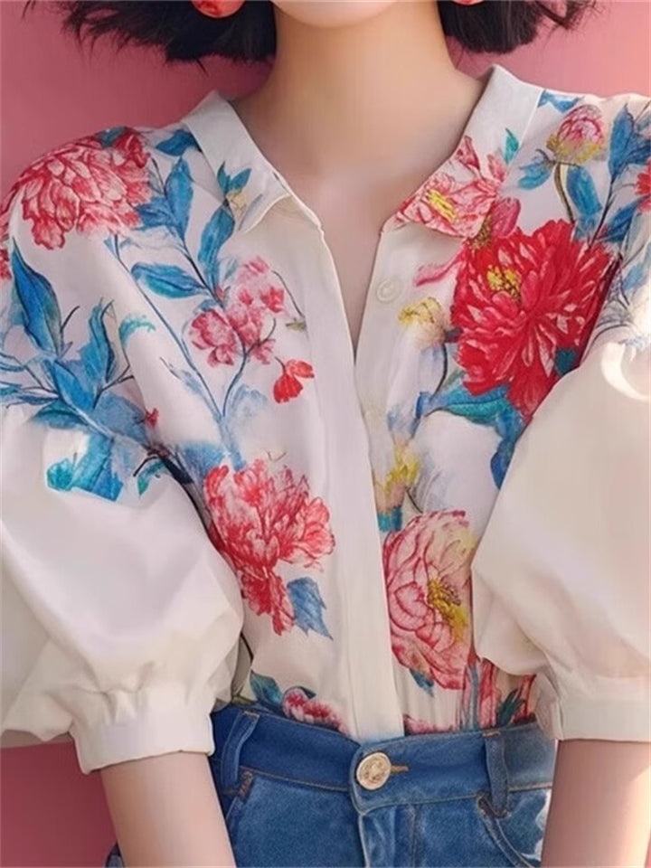 French Style Floral Print Puff Short Sleeve Shirt for Women