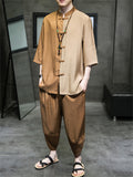 Men's 2Pcs Cool Contrast Color 3/4 Sleeve Stand Collar TangSuit Outfits