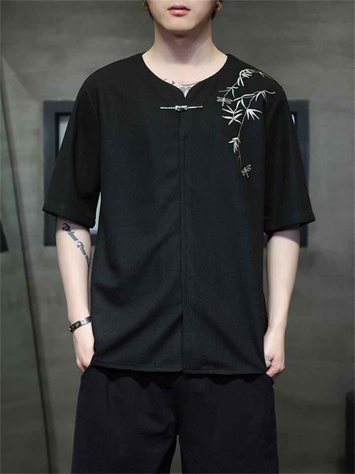 Male Bamboo Embroidered Half Sleeve Metal Button Shirt