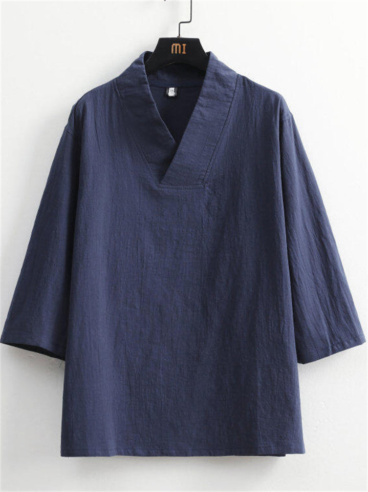 Men's 2Pcs Summer Casual Comfy V Neck Lapel 3/4 Sleeve Solid Color Outfits