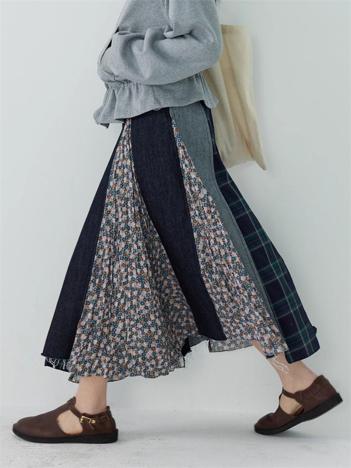 Japanese Style A-Line Patchwork Denim Skirts for Women