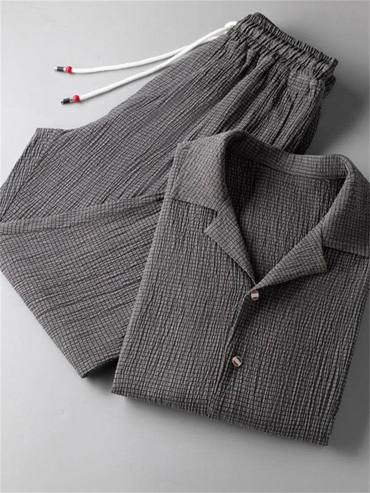 Men's 2Pcs Summer Casual Comfy Button Up Lapel Solid Color Outfits