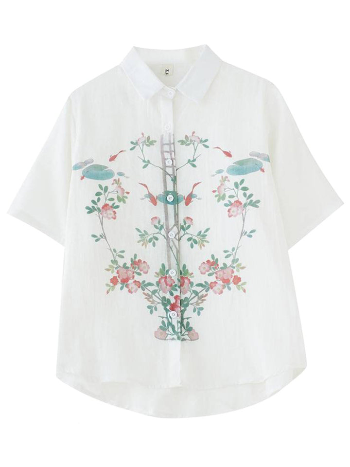 Female Koi Lotus Leaf Floral Print Button-Up Shirts