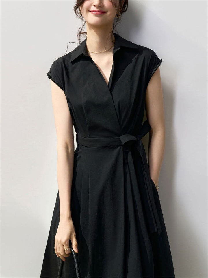Female Summer French Style Cotton Short Sleeve Tie-Waist Midi Dress
