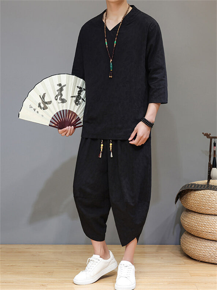 Men's 2Pcs Retro Chinese Style Casual Solid Color 3/4 Sleeve V Neck Outfits
