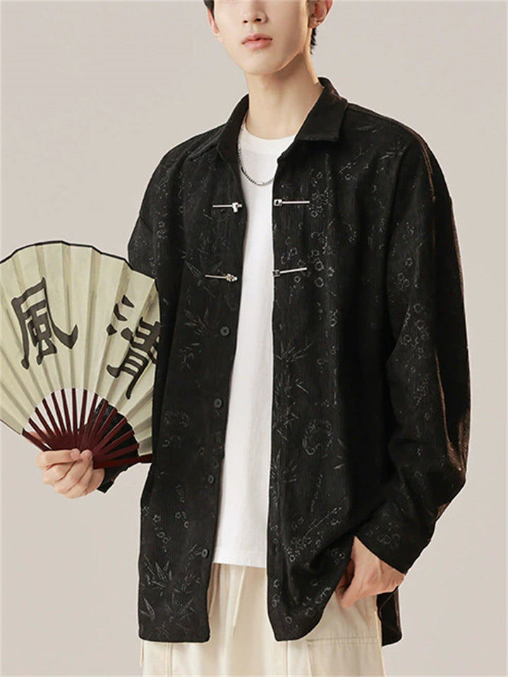 Casual Comfy Plants Print Long Sleeve Stand Collar Shirts For  Men