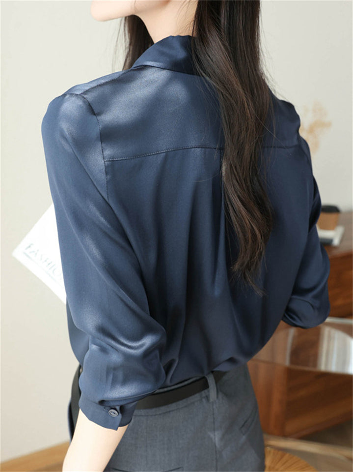 Ladies' Elegant Autumn OL Style Solid Color Long-sleeve Satin Shirts