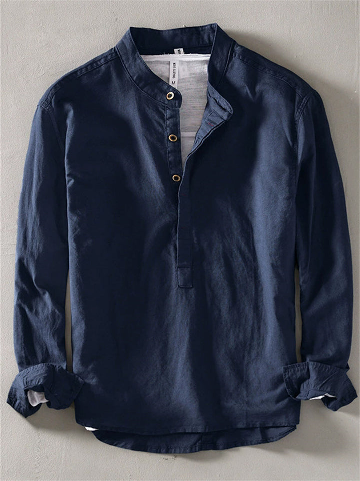 Men's Solid Color Cotton Linen Stand Collar Pullover Long Sleeve Shirts