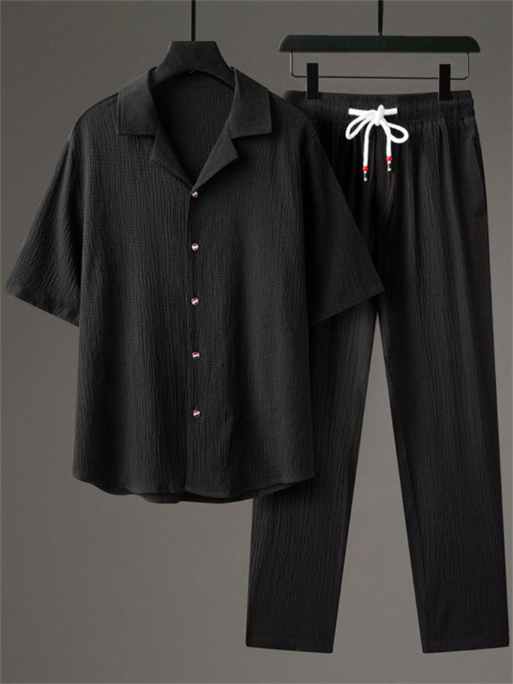 Men's 2Pcs Summer Casual Comfy Button Up Lapel Solid Color Outfits