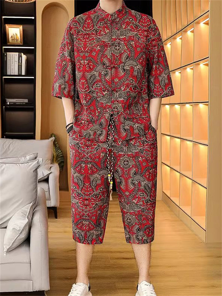 Men's 2-Piece Summer Print Half Sleeve Stand Collar Shirt& Pants Set