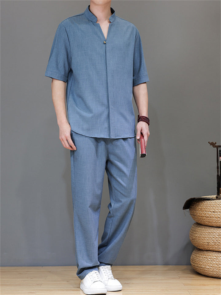 Men's 2Pcs Comfy Stand Collar V Neck Short Sleeve Solid Color Outfits