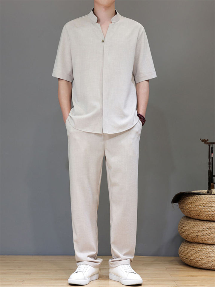 Men's 2Pcs Comfy Stand Collar V Neck Short Sleeve Solid Color Outfits