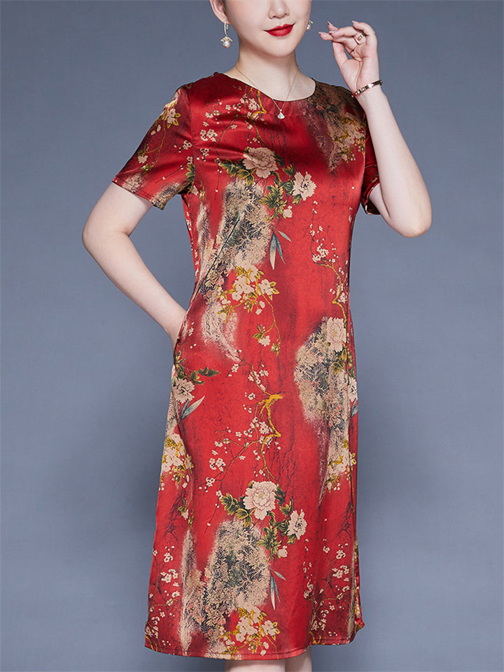 Flower Print O-neck Short Sleeve A-Line Dress for Women