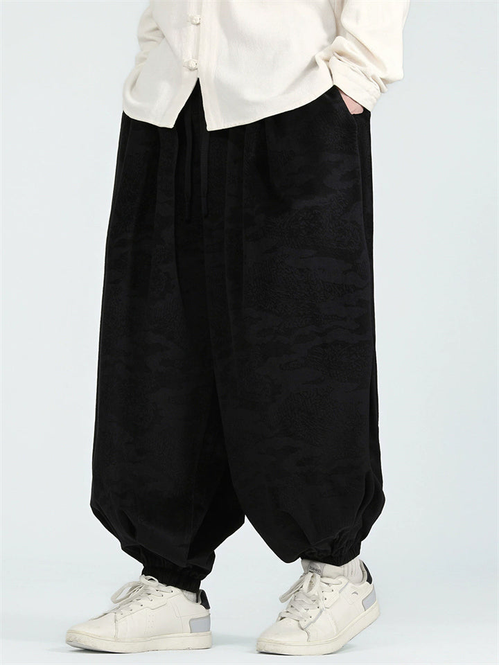 Male's Chinese Style Retro Solid Color Jacquard Wide Leg Bloomers Pants
