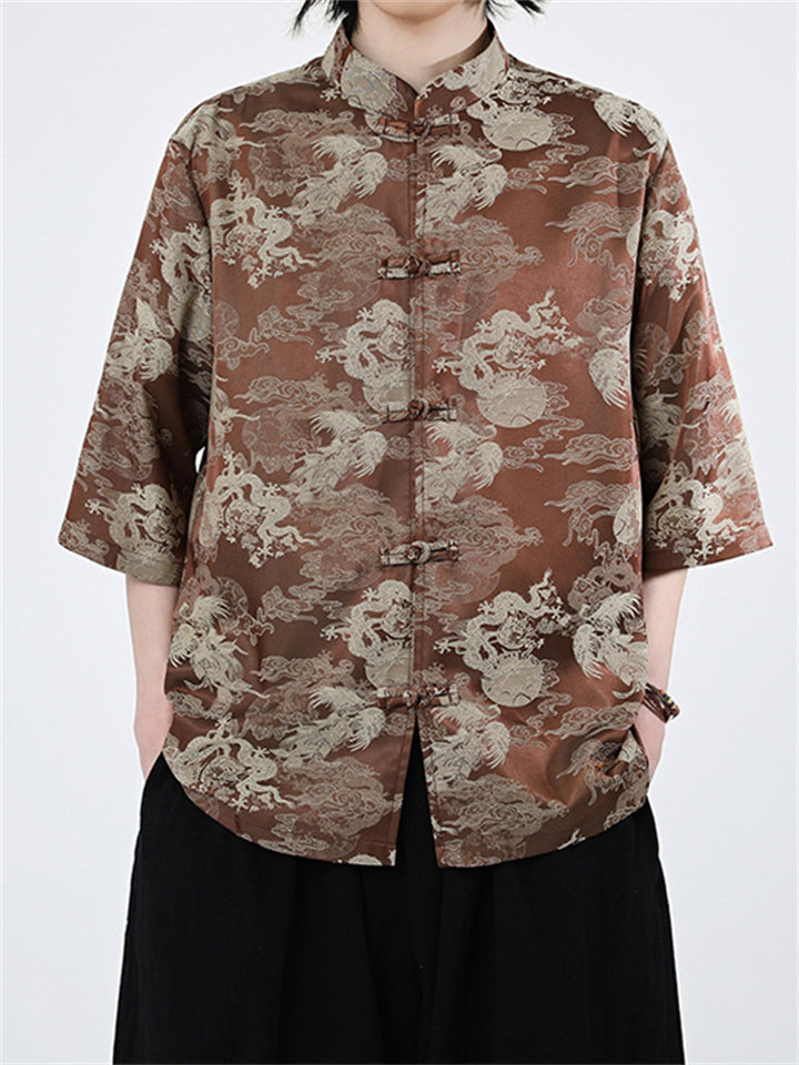 Loose Oriental Style Loongfeng Jacquard Half Sleeve Shirt for Men