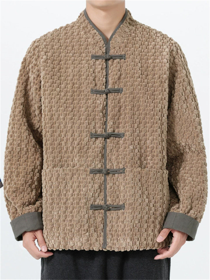 Men's Winter Plush Contrast Color Button Up Long Sleeve TangSuit Jackets