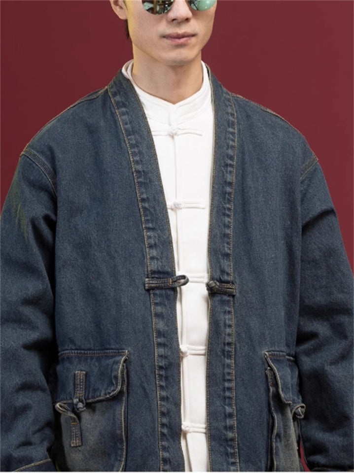 Men's Solid Color Long Sleeve Collarless Cardigan Denim Jacket