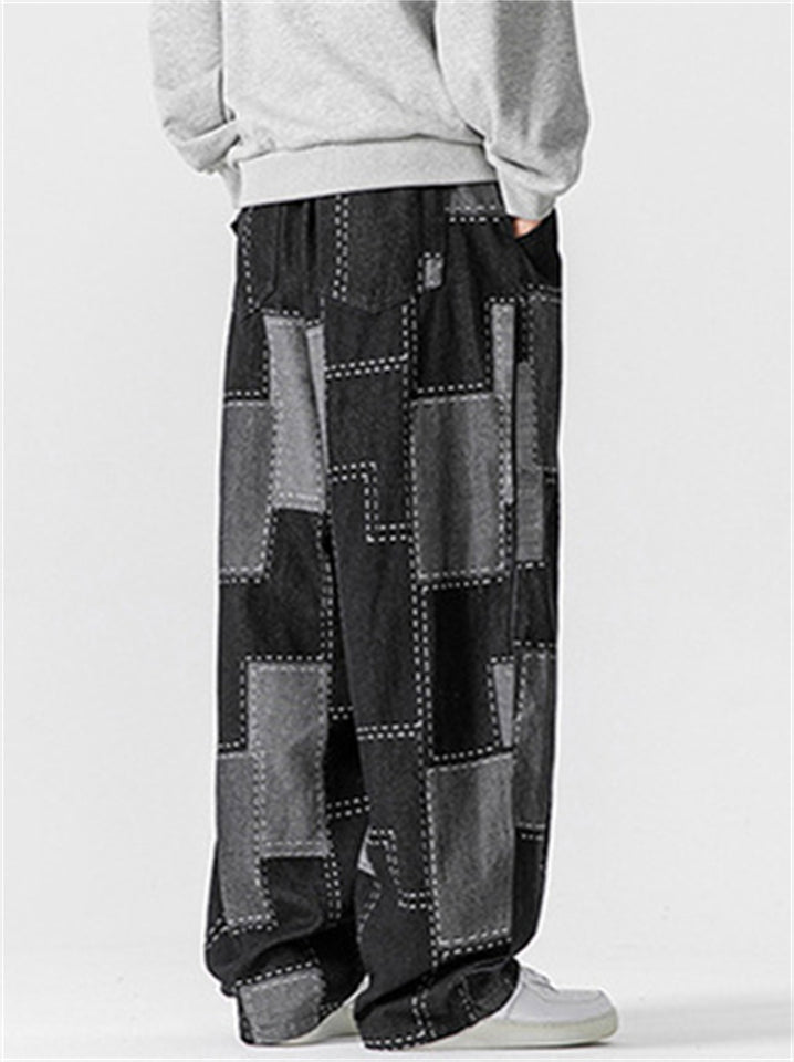 Japanese Style Retro Loose Wide Leg Patchwork Jeans for Men