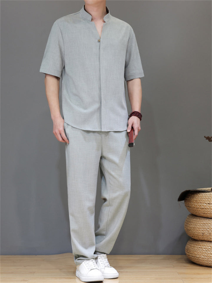 Men's 2Pcs Comfy Stand Collar V Neck Short Sleeve Solid Color Outfits