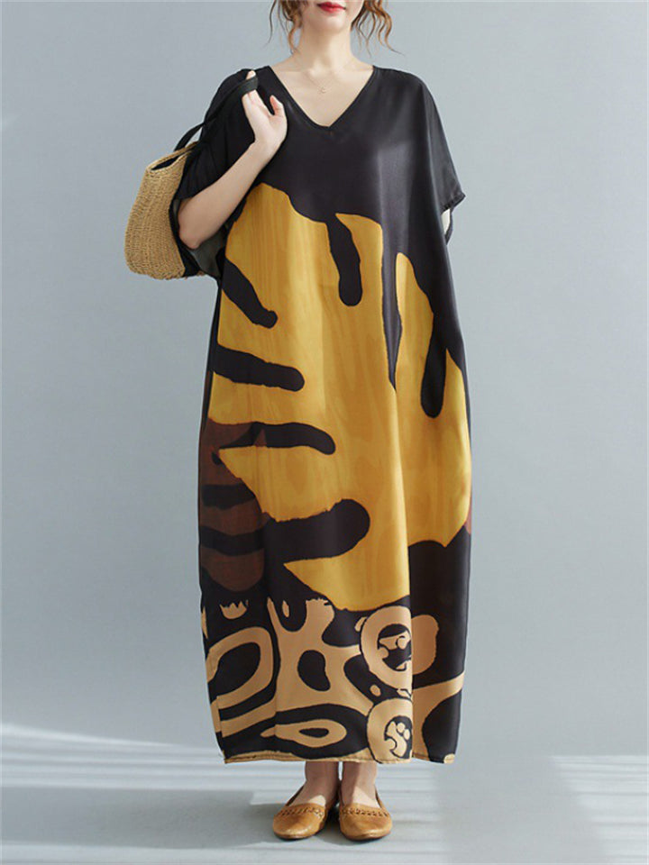 Female V-neck Literary Short-sleeved Leaf Print Dress