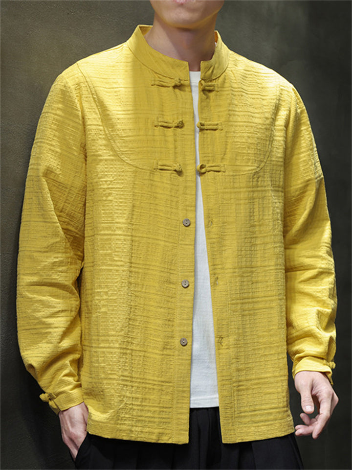 Men's Texture Solid Color Long Sleeve Tang Suit Shirts