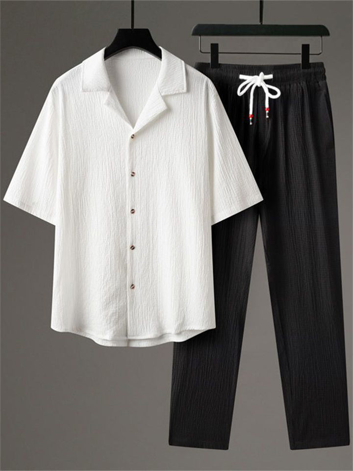 Men's 2Pcs Summer Casual Comfy Button Up Lapel Solid Color Outfits