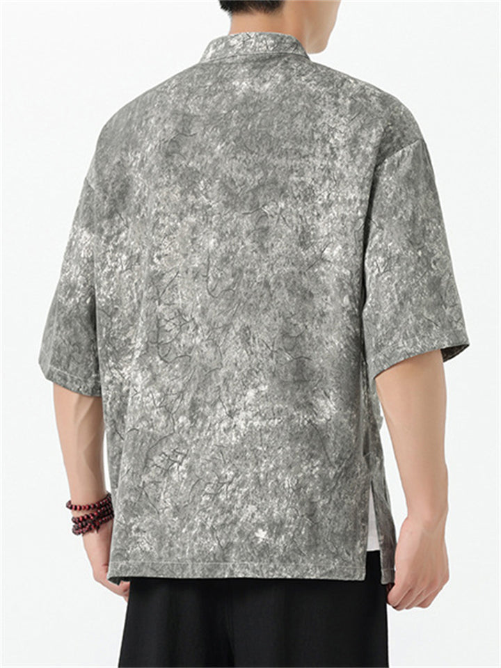 Men's Texture Print Stand Collar Half Sleeve Tang Suit Shirts