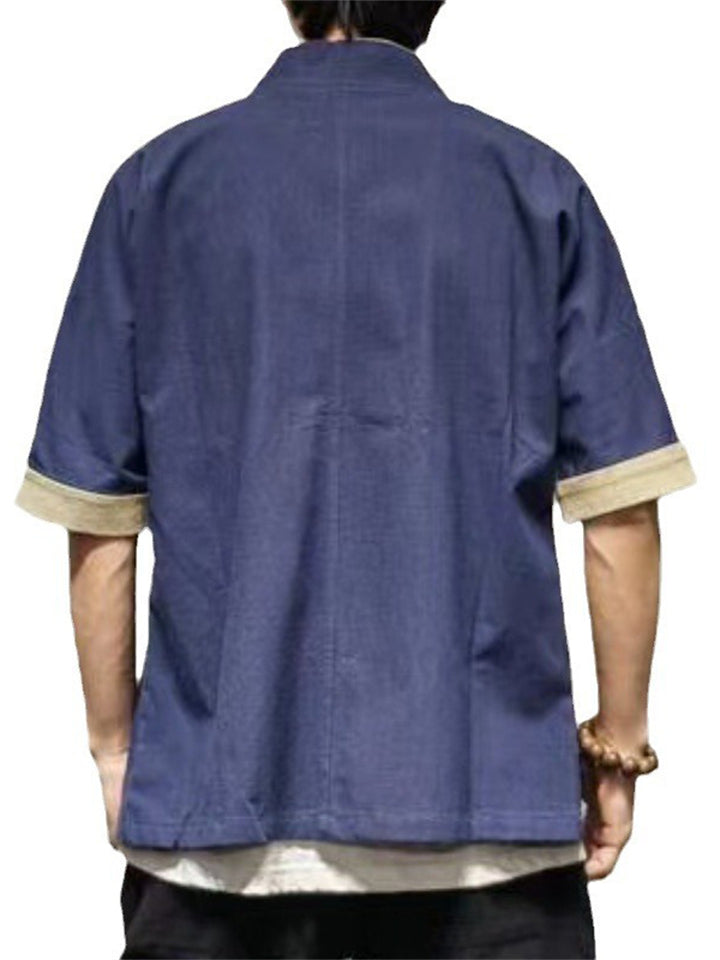 Loose Contrast Color Half Sleeve Cardigan Shirt for Men
