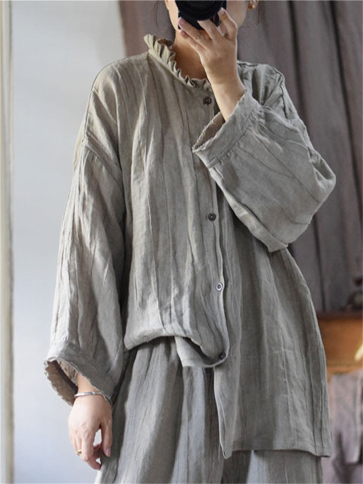 Loose Linen Distressed Textured Long Sleeve Shirt for Women