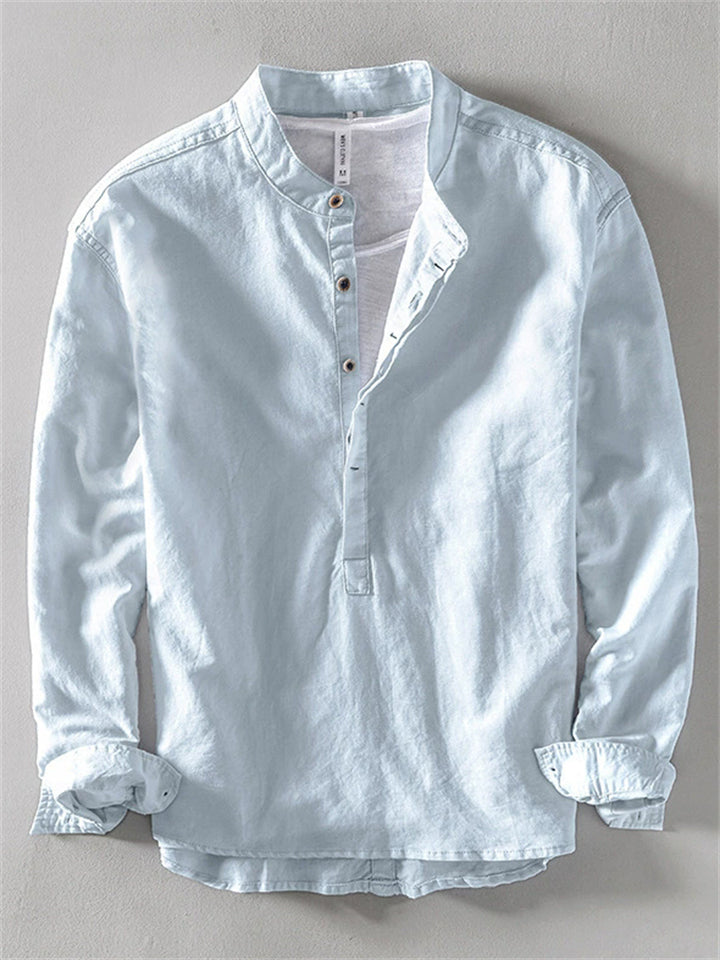 Men's Solid Color Cotton Linen Stand Collar Pullover Long Sleeve Shirts