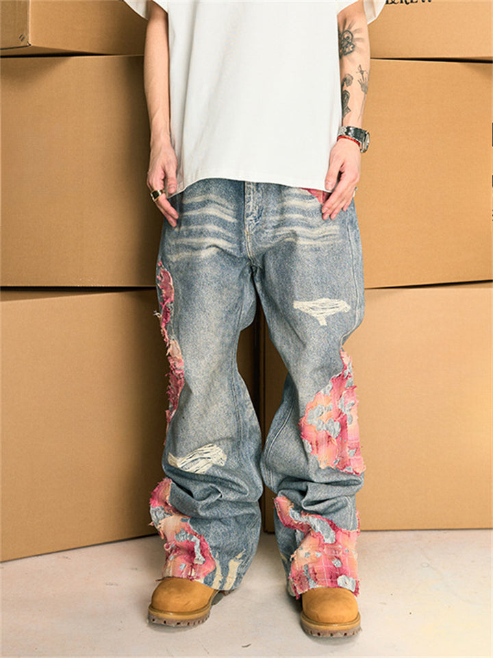 High Street Print Patchwork Unisex Wide Leg Denim Pants
