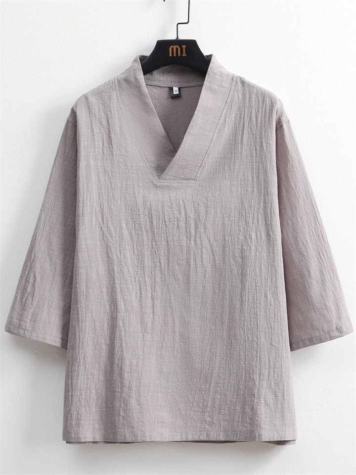Men's 2Pcs Summer Casual Comfy V Neck Lapel 3/4 Sleeve Solid Color Outfits
